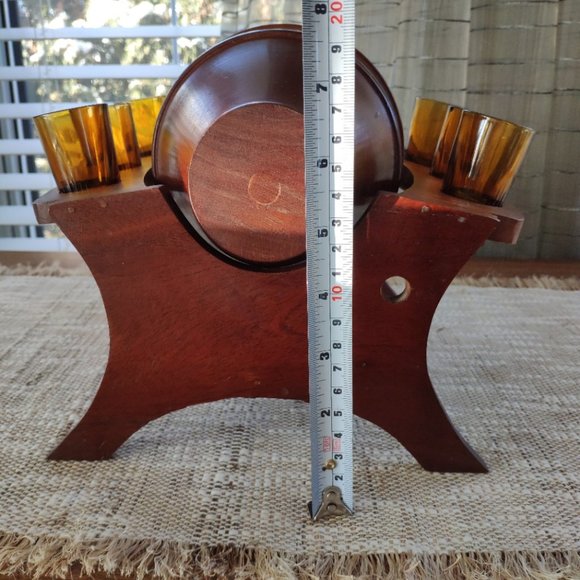 Wooden Barrel Set with 6 Glasses, Vintage Stand Caddy 9.5" - Picture 11 of 16